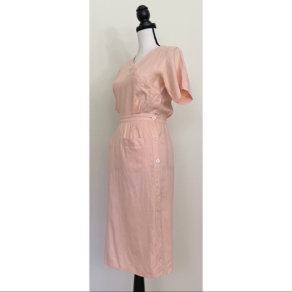 Vintage 80s Linen Button Wrap Dress - Picture 3 of 7